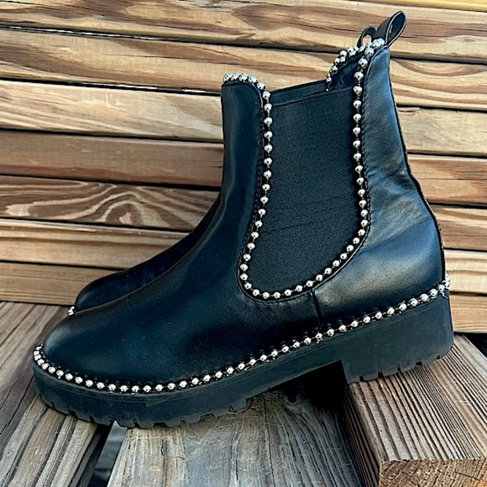 Black Leather Silver Bead Adorned Moto Boots SZ 7! E/VGUC! - Picture 3 of 16